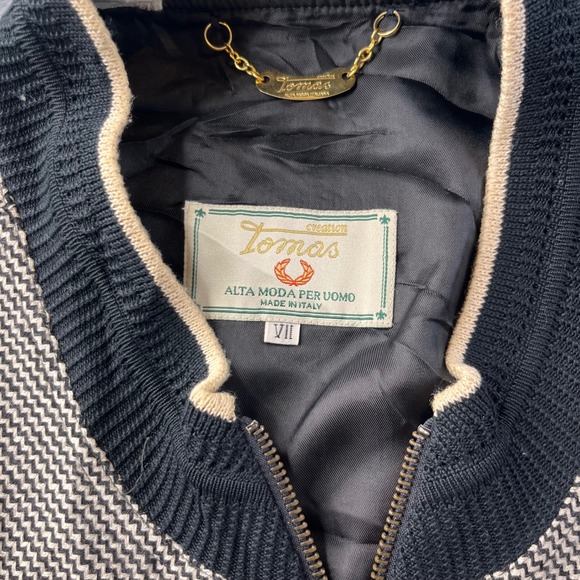 Tomas Creation Mens VTG 100% Wool Bomber Jacket Italian Plaid VII Black Brown - Picture 8 of 10